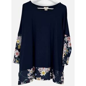 Yelete Tunic Top in Navy with Floral Trim Size Medium